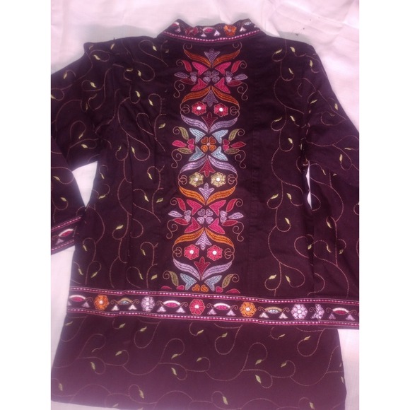 Vtg Denim & Co Blk Denim Trench Coat Embroidered Floral Multicolor‎ Small - Picture 8 of 9